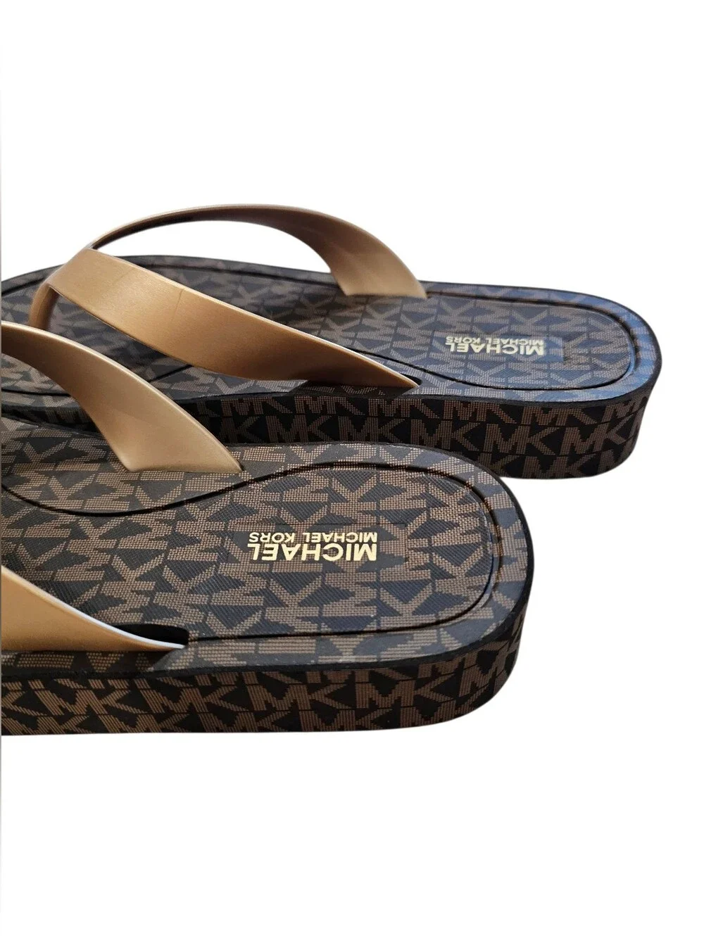Michael Kors Bedford Gold Metallic Logo Wedge Thong Sandals, Size 8, New